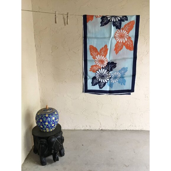 Long Floral Scarf Blue Orange White Print Vintage Accessory - Picture 3 of 5